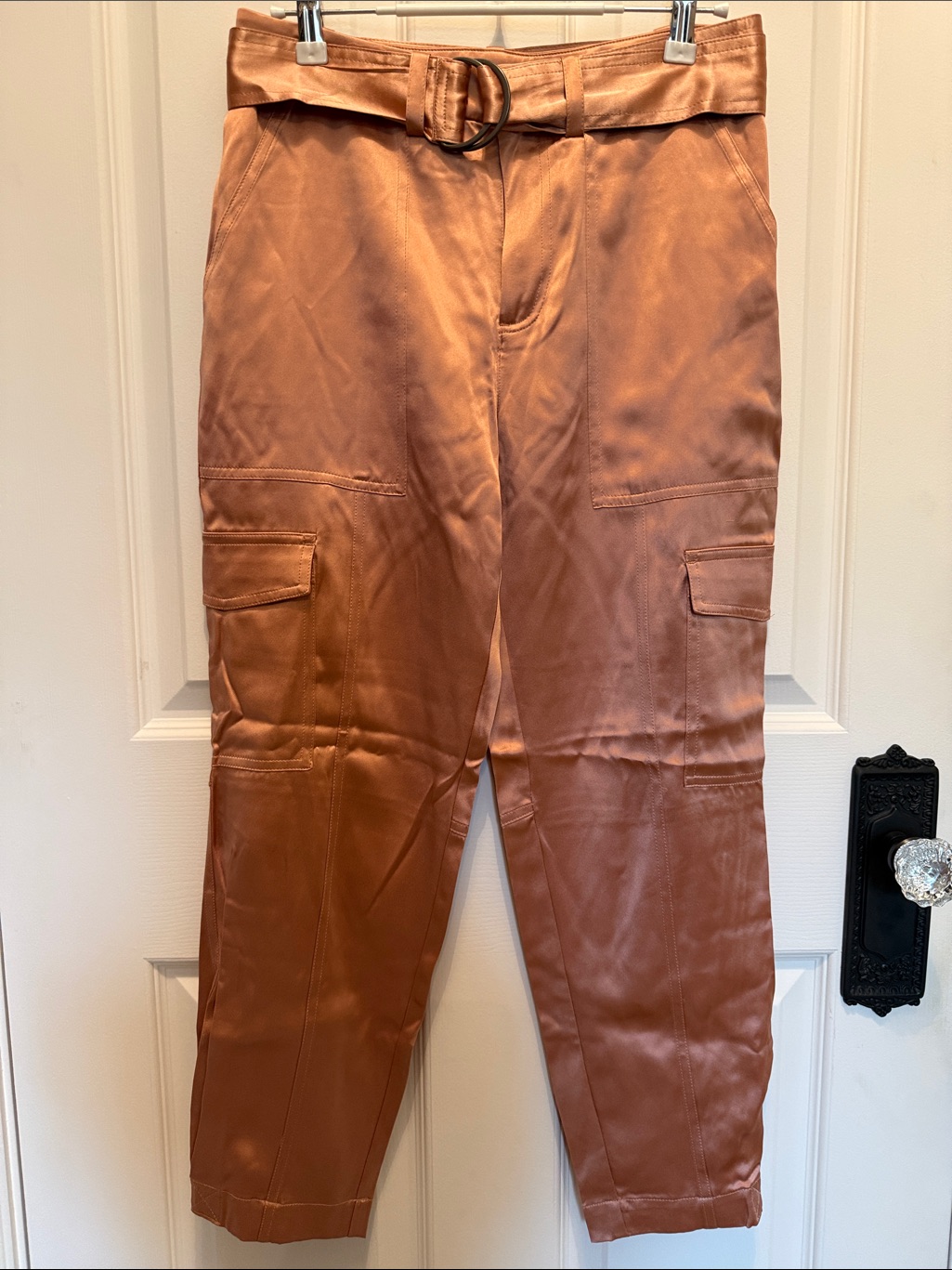 Nwt 2p Banana Republic Rose Gold/Light Copper Silk Cargo Pants With Belt